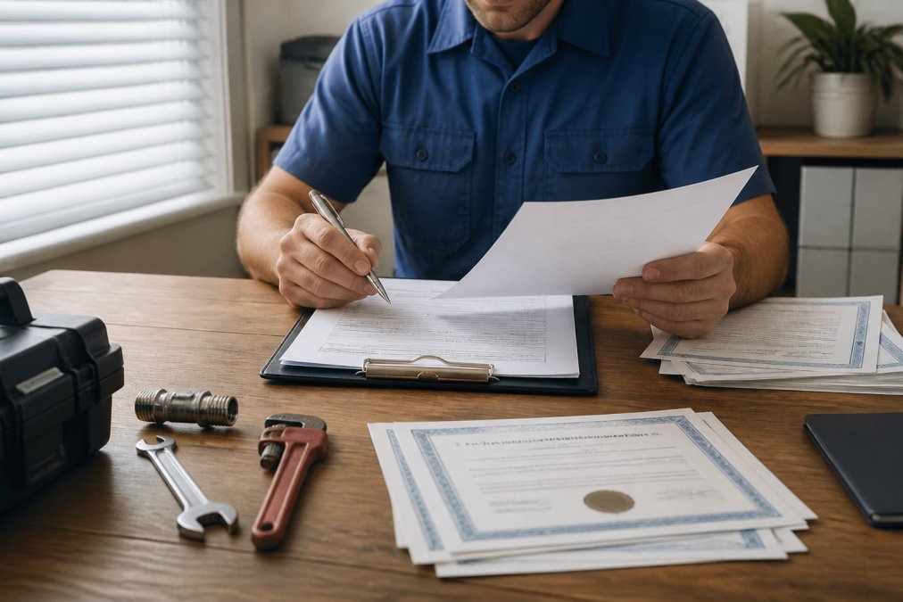 Professional plumber reviewing license and insurance documents on a desk with clipboard and certification paperwork in natural office lighting