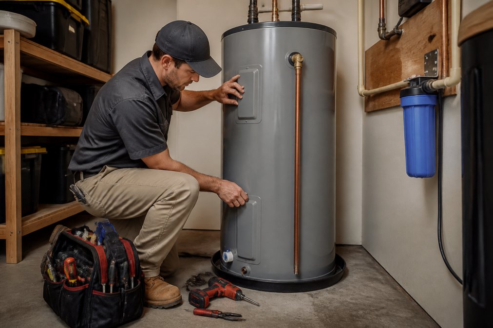 Licensed plumber installing a residential water heater in a home utility room with tools and equipment visible