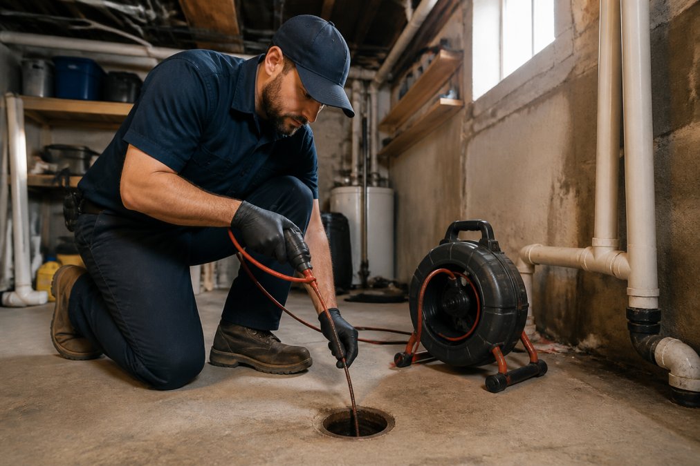 Professional plumber in uniform using video camera inspection equipment to diagnose a drain issue inside a residential home with natural basement lighting