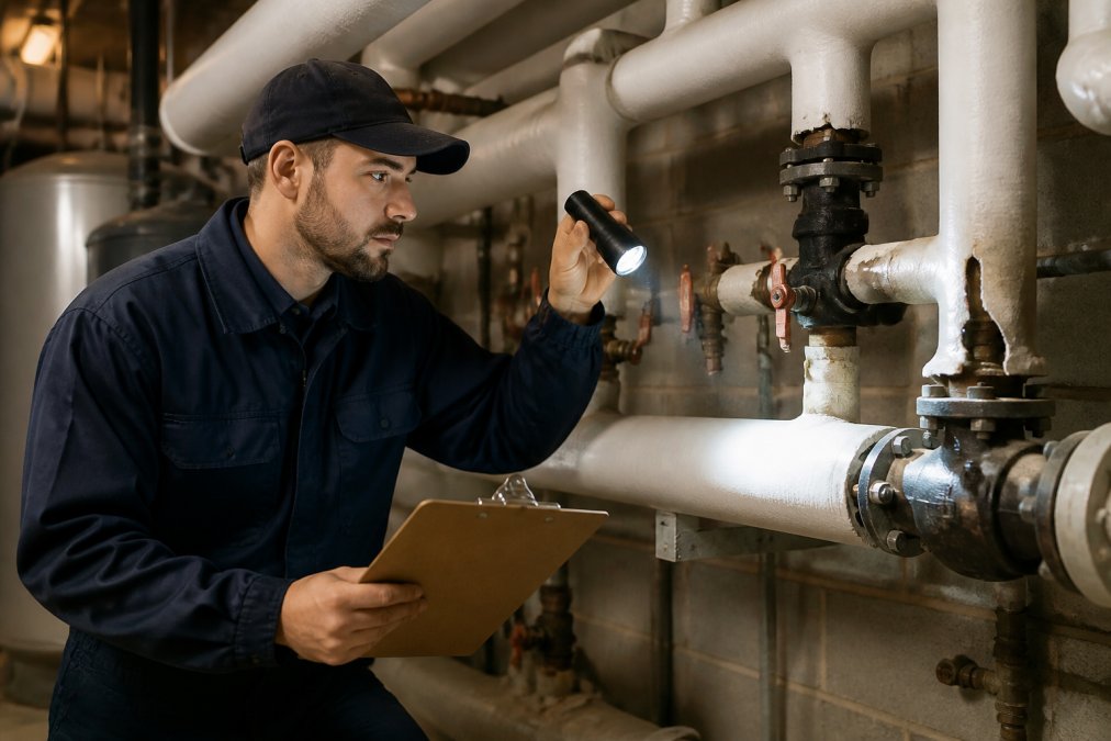 A certified plumber in a commercial utility room using a flashlight to inspect exposed pipes and documenting findings on a clipboard