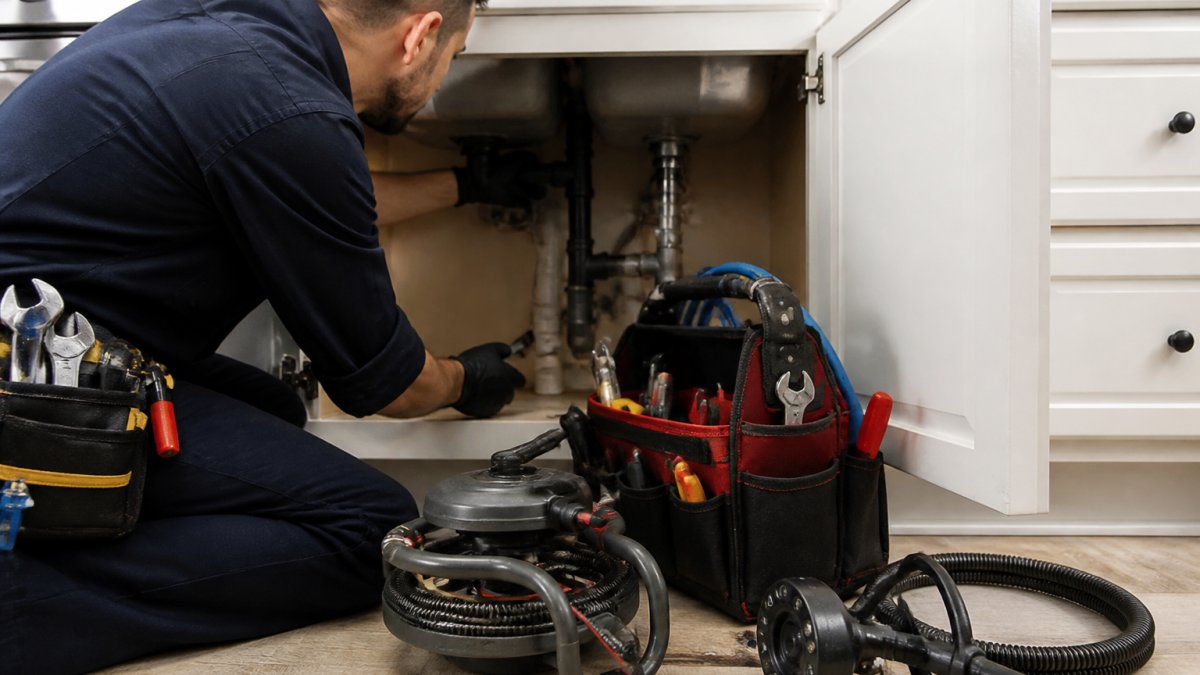 Professional plumber in uniform examining residential pipe under sink with professional tools and diagnostic equipment visible