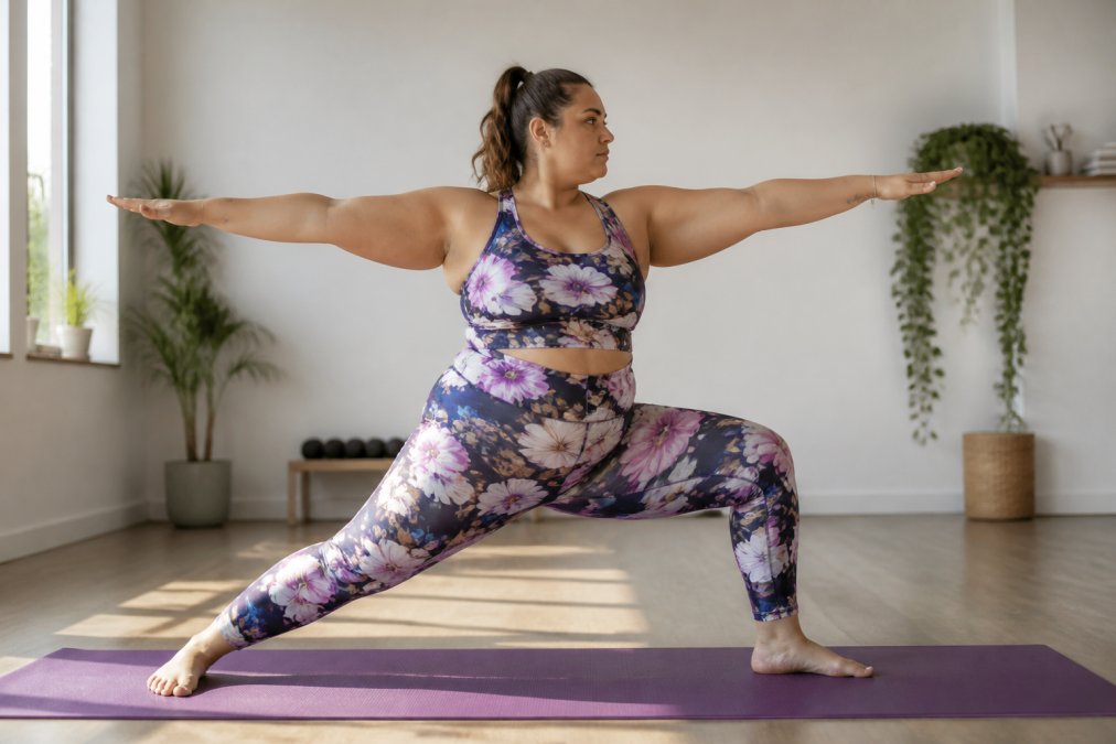 A plus-size woman in colorful all-over print activewear holding a warrior yoga pose on a purple mat in a bright, sunlit studio, showcasing flexible form-fitting workout gear against white walls