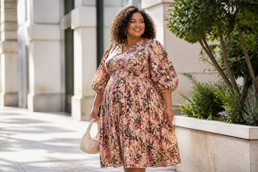 A confident plus-size woman in a floral midi dress with statement sleeves, standing in a bright, sunlit urban setting, smiling