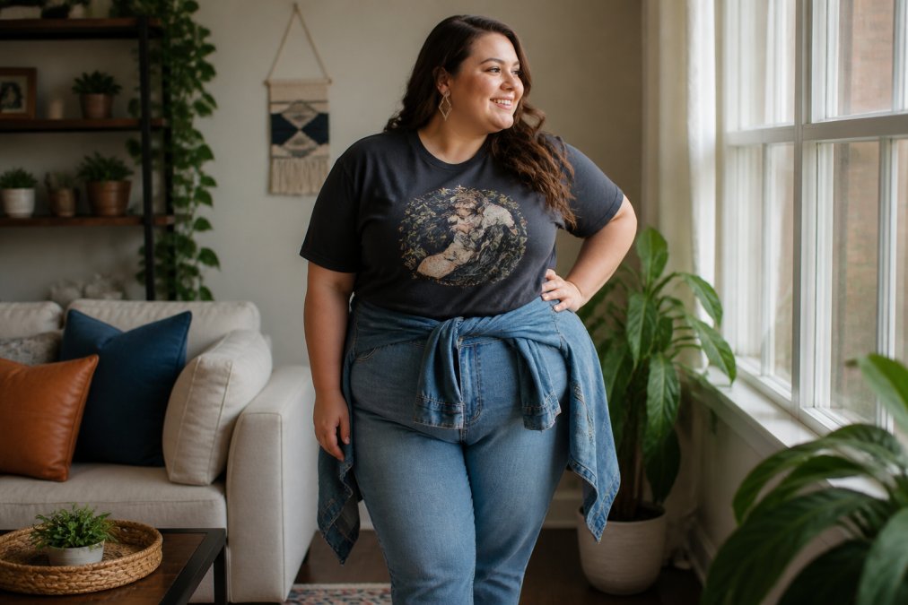 A confident plus-size woman wearing a graphic tee tucked into high-waisted jeans, with a denim jacket tied around her waist, standing in a bright living room with natural window light
