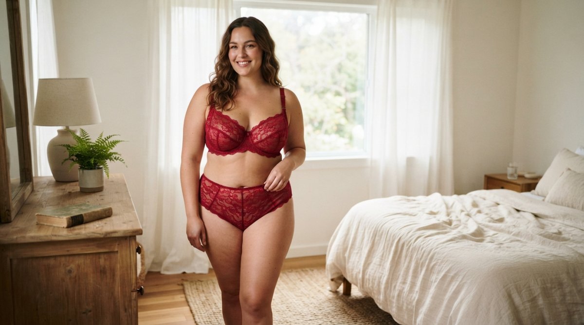 A confident plus-size woman in her late 20s, smiling softly, wearing a red lace lingerie set with adjustable straps, standing in a bright airy bedroom with soft natural light streaming through sheer curtains