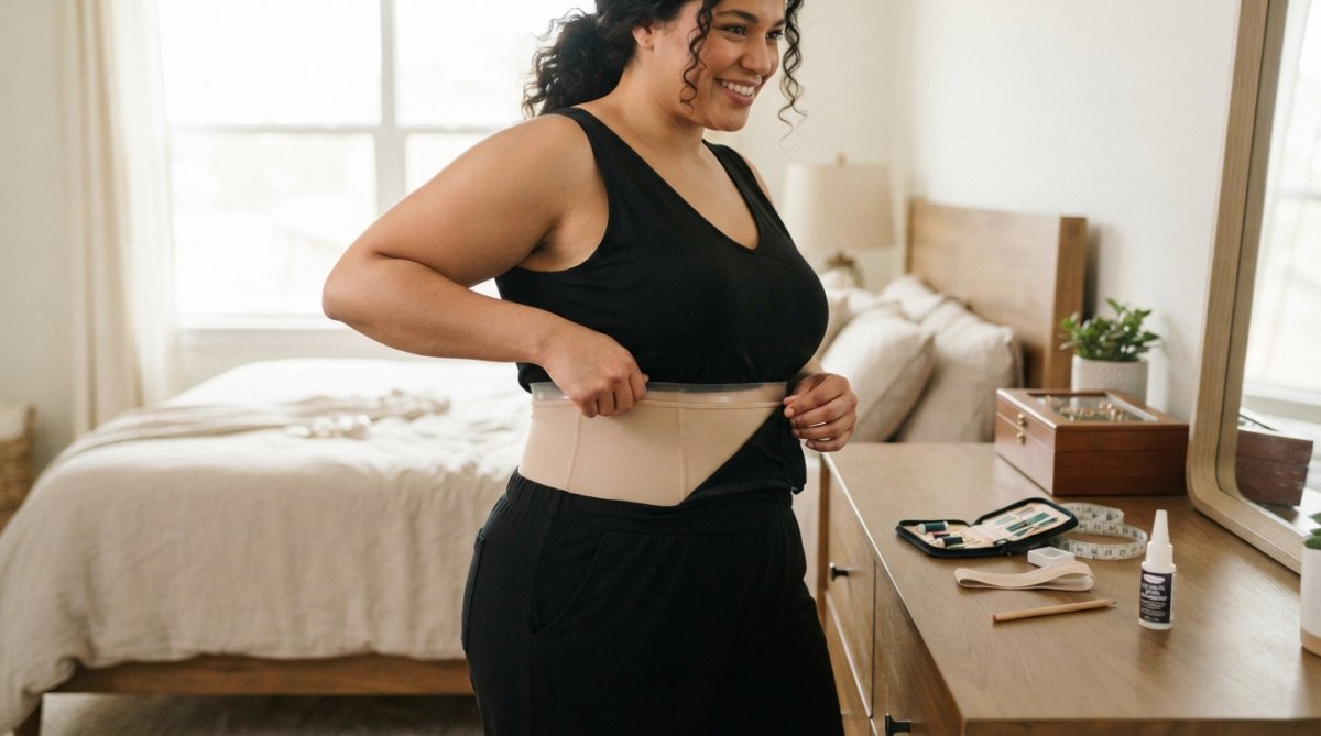 Diagram illustrating how to position a silicone grip band to prevent shapewear from rolling down under clothing.