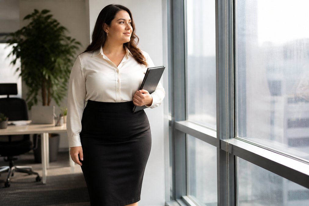 A professional plus-size woman in a tailored pencil skirt and blouse standing near a window in a bright modern office, natural daylight, looking confident with a folder in hand