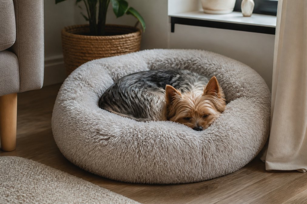 A small anxious dog curled up in a fluffy donut-style plush bed with raised edges, eyes relaxed, in a cozy living room corner with soft natural light