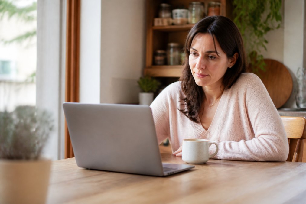 A woman in her thirties sitting at a kitchen table with a cup of tea and an open laptop, participating in an online support session, warm natural light from a nearby window, calm and thoughtful expression