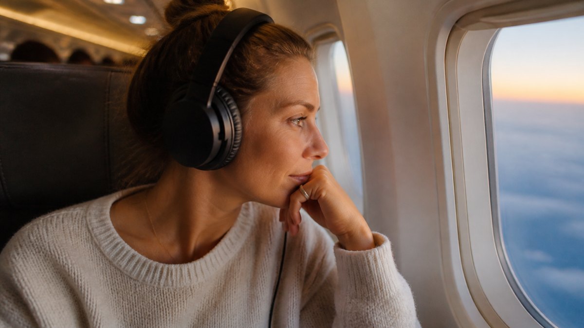 Passenger on a long flight wearing noise-canceling headphones, gazing out the window with a relaxed expression, warm cabin lighting creating an intimate atmosphere
