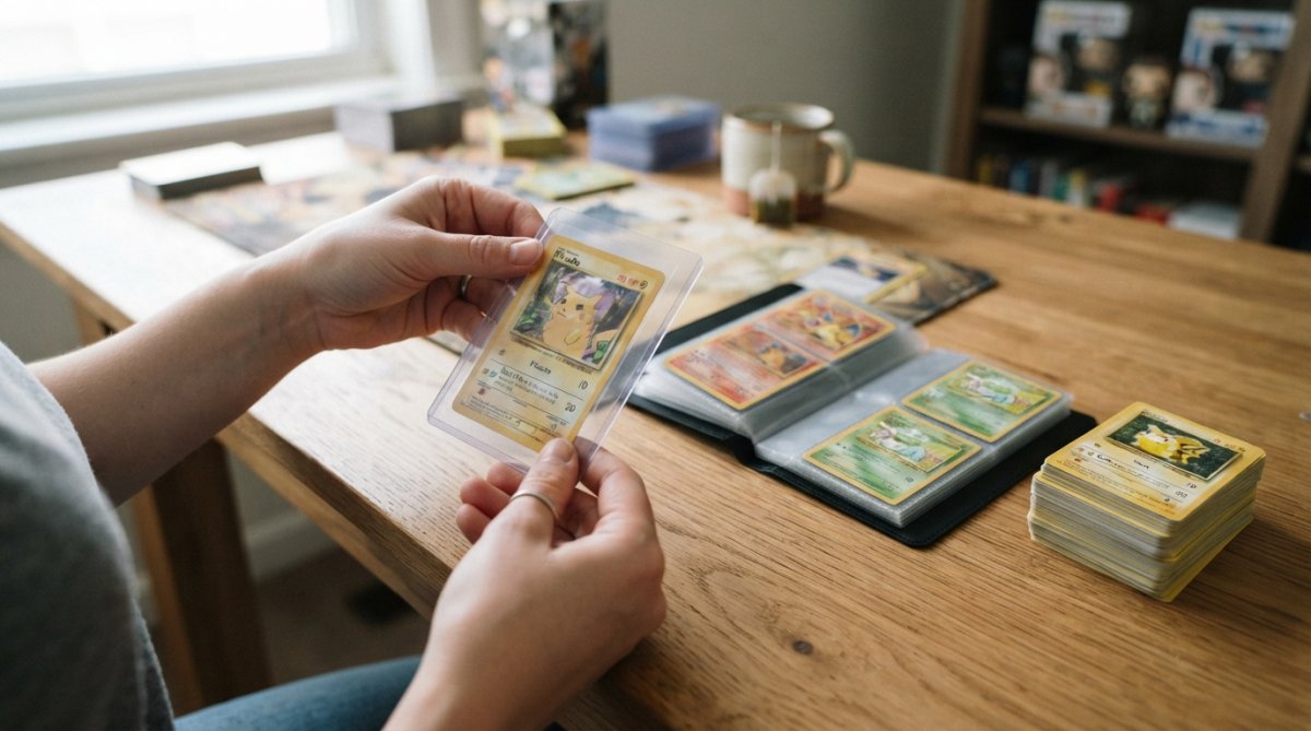 Hands sliding a collectible card into a clear protective sleeve on a wooden desk with storage albums nearby