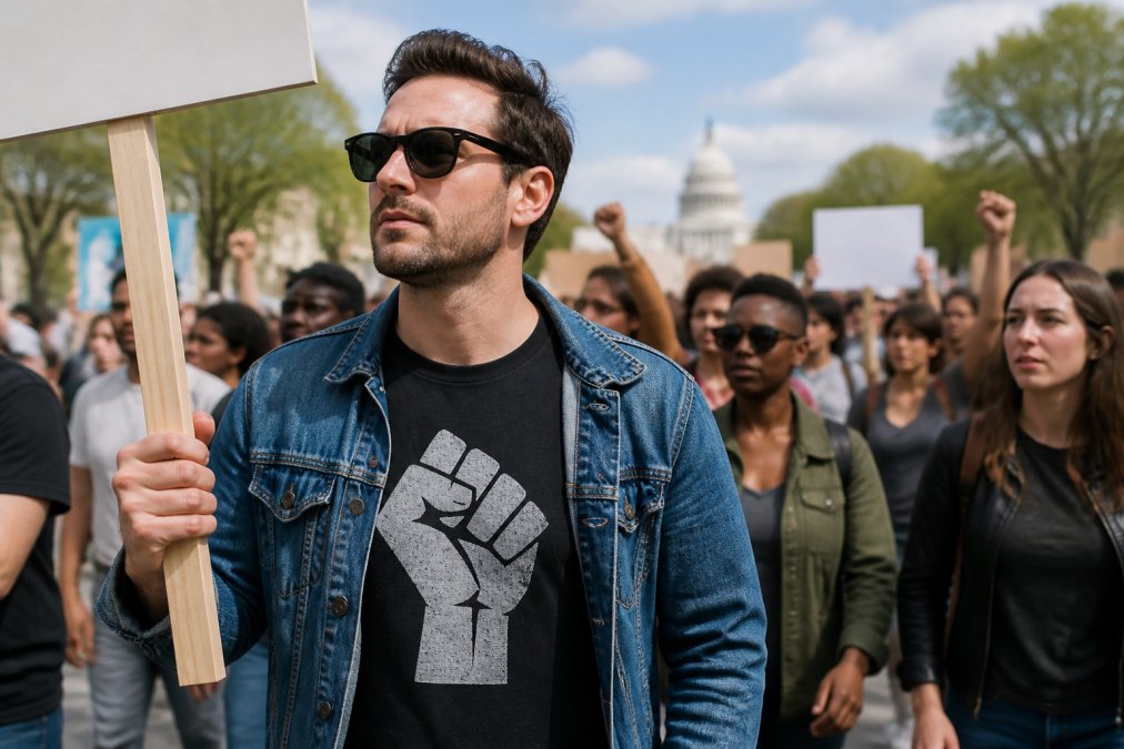 Man in a denim jacket and political graphic tee holding a sign at a peaceful daytime protest with a diverse crowd.