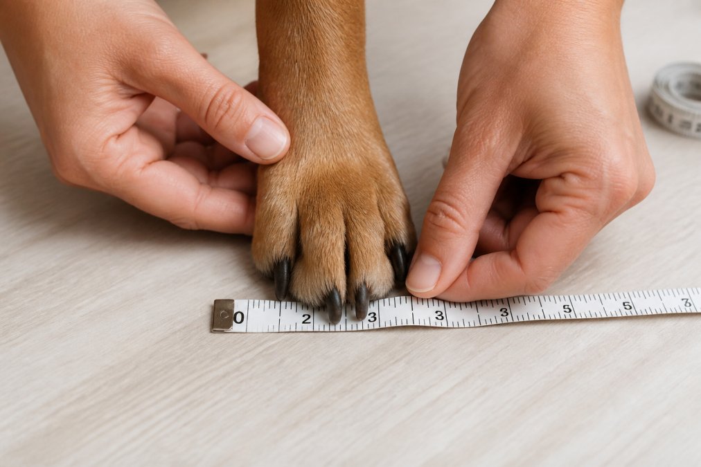 Close-up of a dog's paw being gently measured with a soft ruler on a light surface, showing proper measurement technique with clear visibility of the measuring tape