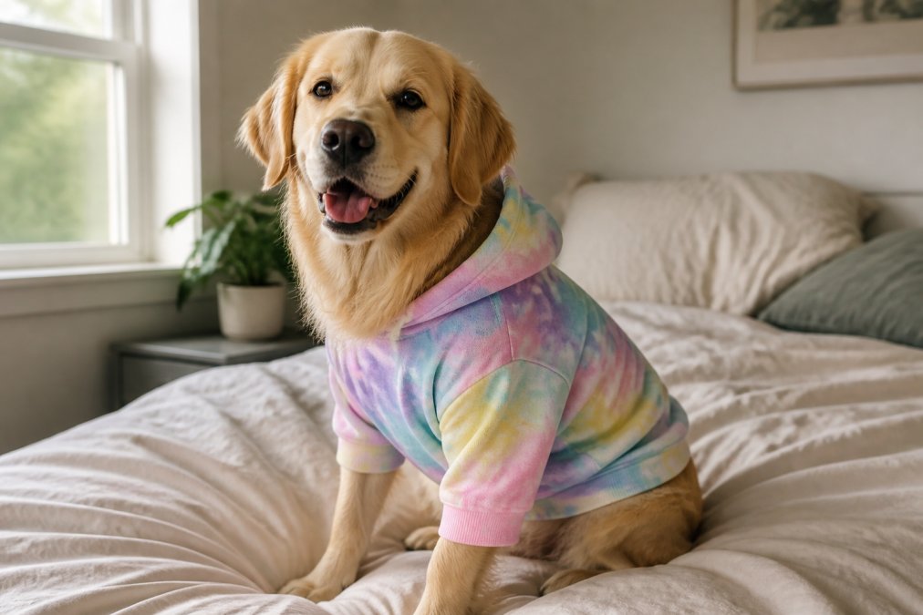 A relaxed dog wearing a comfortable watercolour-designed hoodie indoors, sitting contentedly on a bed with natural window lighting, looking calm and happy