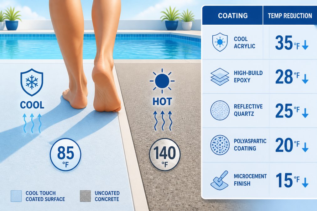 Person's bare feet on a cool-touch pool deck surface during bright sunny afternoon, showing comfort and contrast with hot concrete nearby