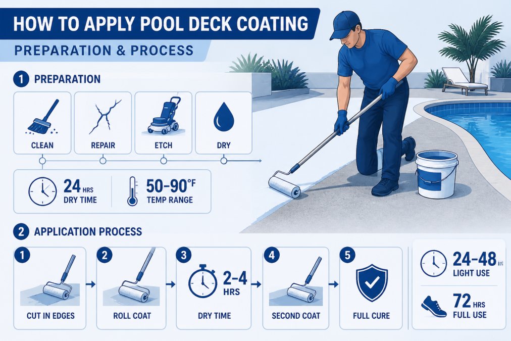 Worker applying heat-reflective coating to pool deck with roller, showing proper substrate preparation and technique on concrete surface in bright outdoor setting