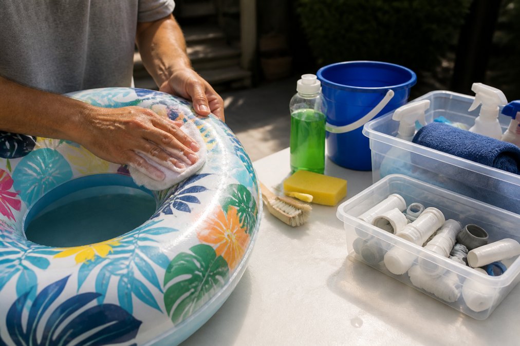 Close-up of hands carefully inspecting and cleaning an inflatable pool toy with a soft cloth and mild soap, maintenance supplies organized nearby in clear storage bins, natural daylight streaming across the work surface
