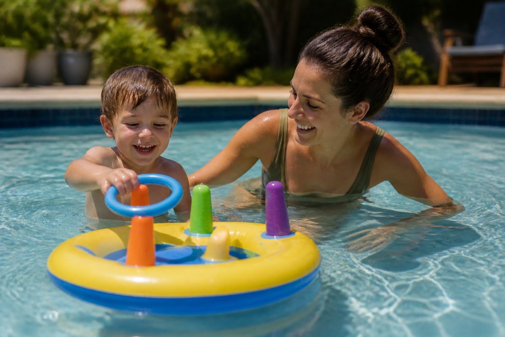 Parent and young child laughing while playing with floating pool games in a sunny backyard swimming pool.