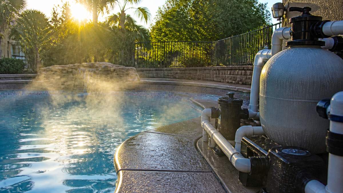 Infographic showing how pool heating in humid climates causes excess water vapor and equipment condensation.