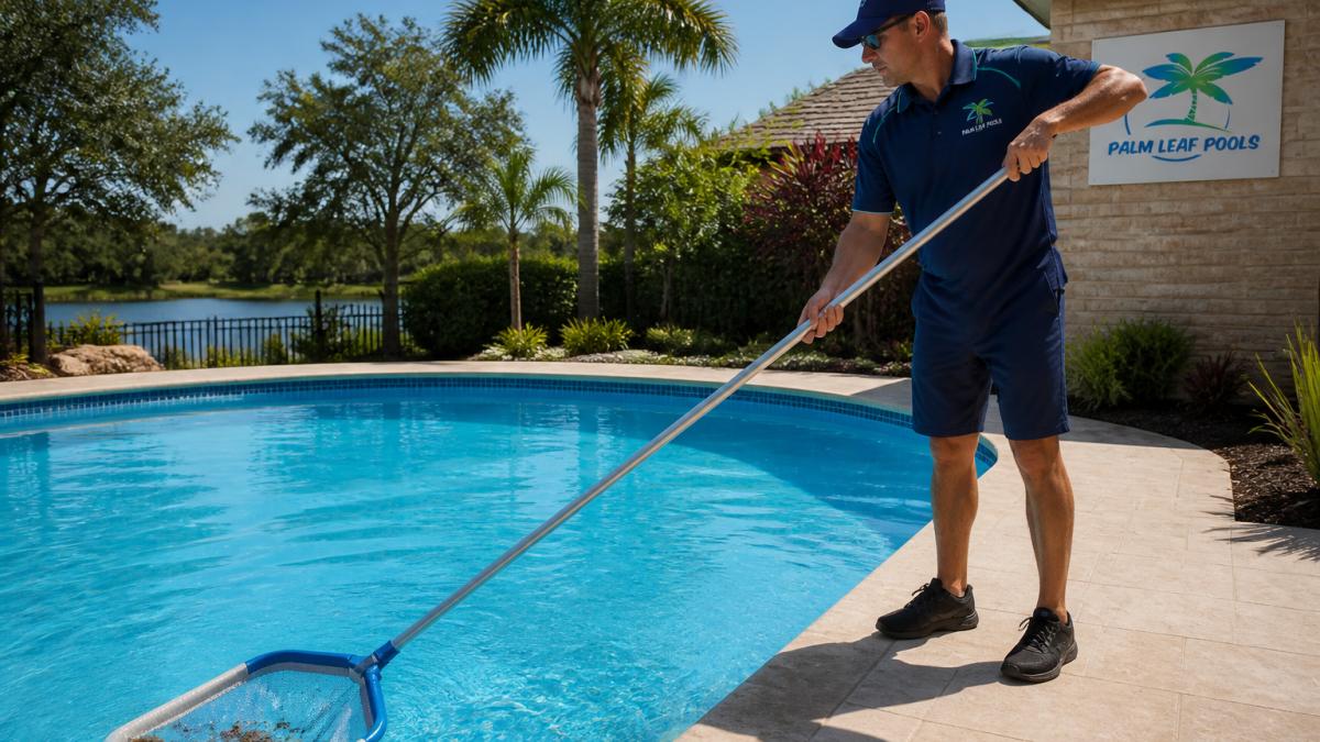 Pool owner skimming debris from water surface with telescopic pole on a sunny summer day, clear blue water and backyard visible in background