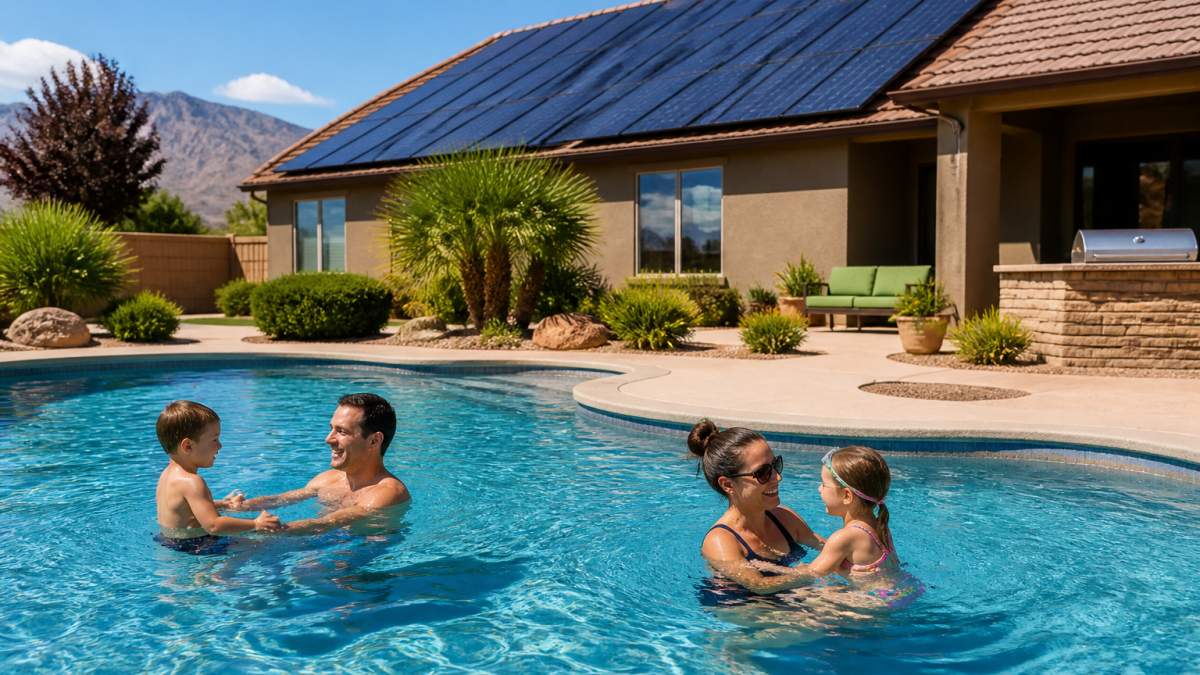 Diagram illustrating how solar panels reach the best pool temperature for energy efficiency in a sunny backyard.