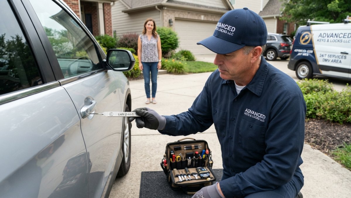 A locksmith in professional uniform examining a residential door lock with a tool kit open nearby, homeowner watching from the doorway in a suburban home setting