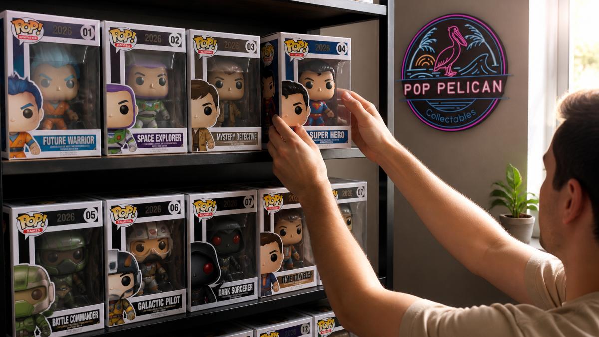 A collector's shelf displaying several boxed Pop! Vinyl figures from 2026 waves, with soft natural light highlighting the boxes