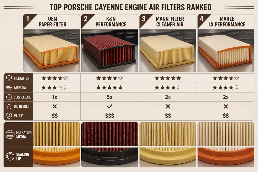 Close-up of multiple Porsche Cayenne air filters laid side by side on a clean workshop bench under bright overhead lighting, showing the layered paper element of an OEM filter next to the oiled red cotton gauze of a performance filter, with visible filtration media texture and rubber sealing lips