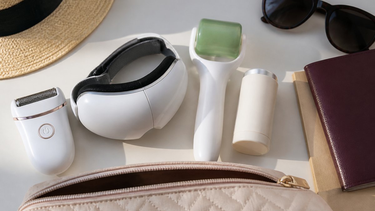 Flat lay of compact beauty devices arranged on light background including small shaver, eye massager, ice roller, and balm stick ready to be packed in travel bag, with passport and sunglasses nearby
