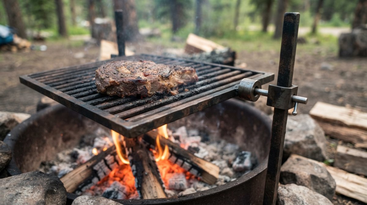 Close-up of heavy carbon steel adjustable grill grate positioned over burning coals at varying heights, showing the locking mechanism mid-adjustment with flames visible beneath and a steak searing on the cooking surface