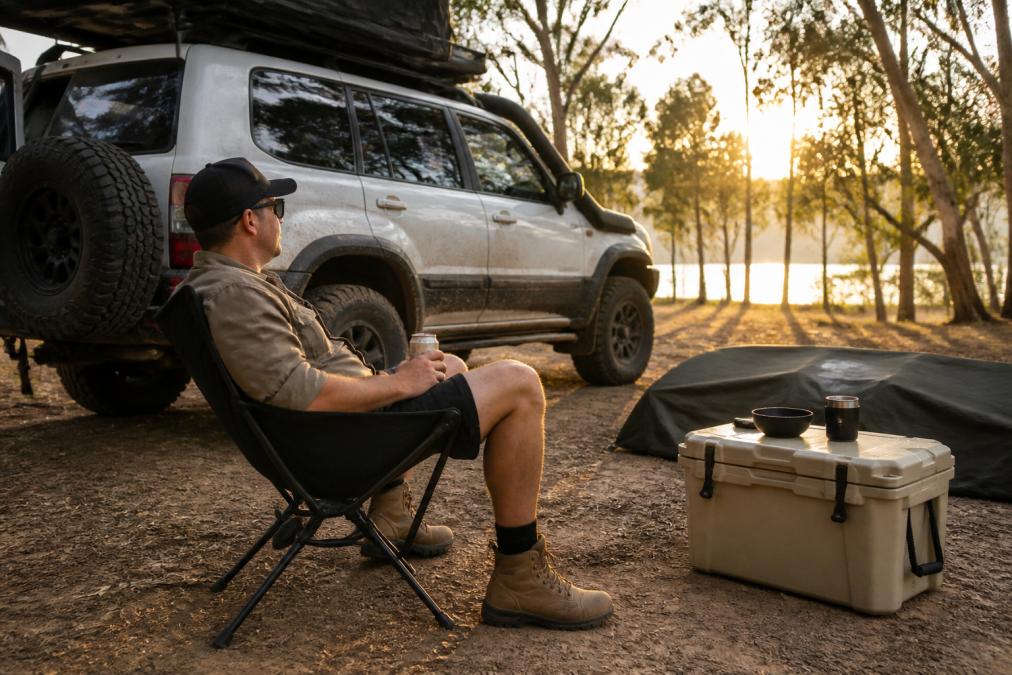A compact black camping chair set up beside a four wheel drive at an Australian bush campsite in summer, a person sitting back with a cold drink, esky and swag nearby, late afternoon golden light through the trees