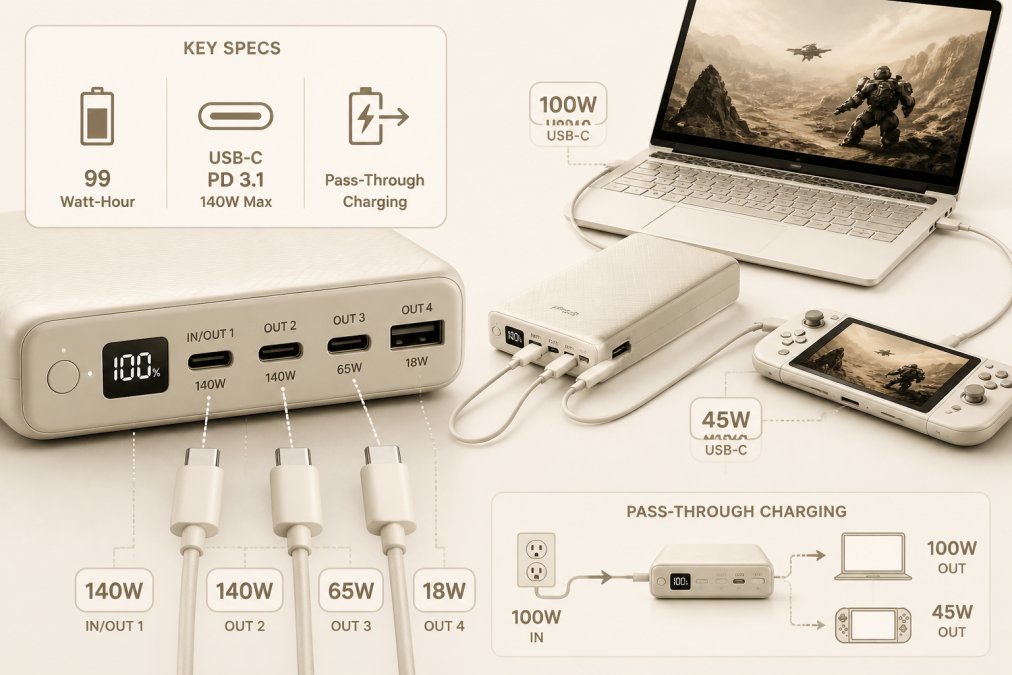 Close-up of USB-C cables and ports on a portable charger with a gaming laptop and handheld console nearby, showing real-world charging scenario