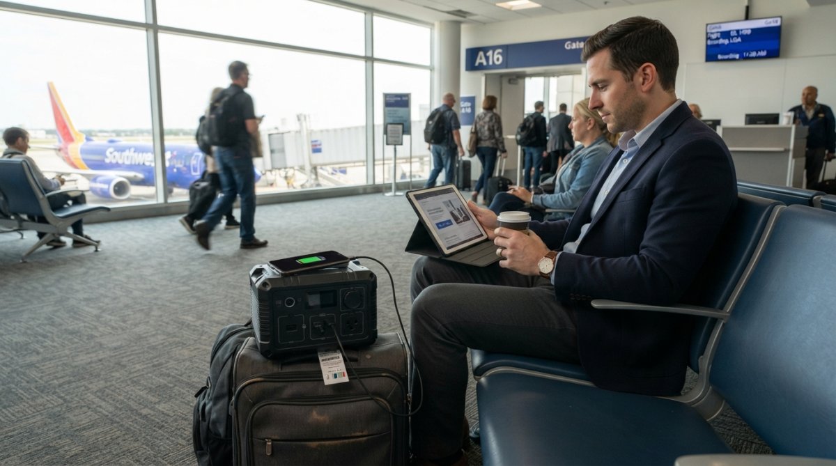 Business traveler charging smartphone and tablet simultaneously with portable power bank at airport gate during daytime