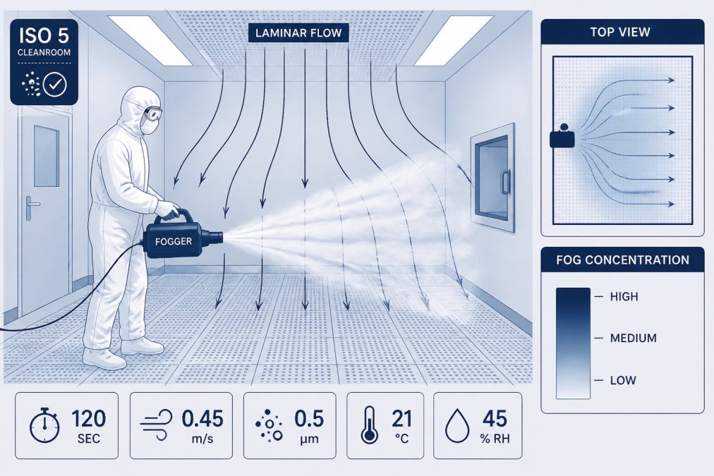 Professional technician in full cleanroom attire (white gown, gloves, hood) operating a portable cleanroom fogger inside an ISO-classified cleanroom environment, with visible fog flowing through laminar flow patterns under bright overhead lighting