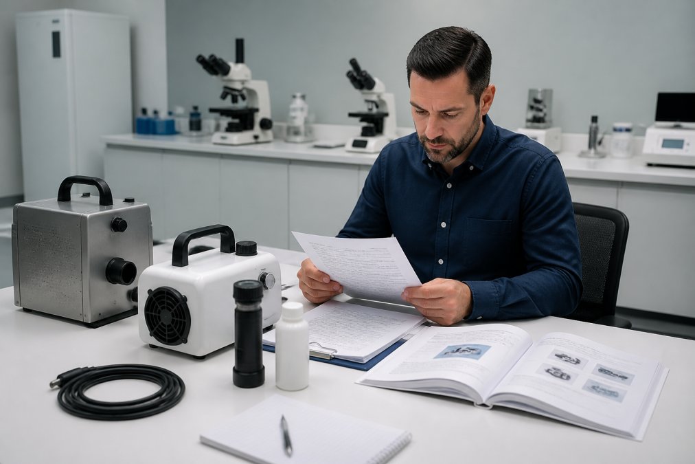 Quality assurance manager reviewing cleanroom equipment specifications and validation documentation at desk, with various portable fogger units and technical manuals visible in professional laboratory setting
