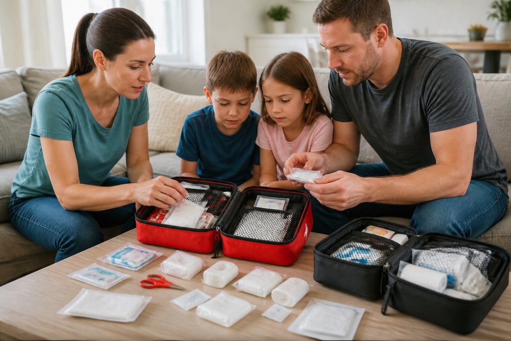 Infographic comparing essential items found in portable first aid kits for family safety and preparedness.