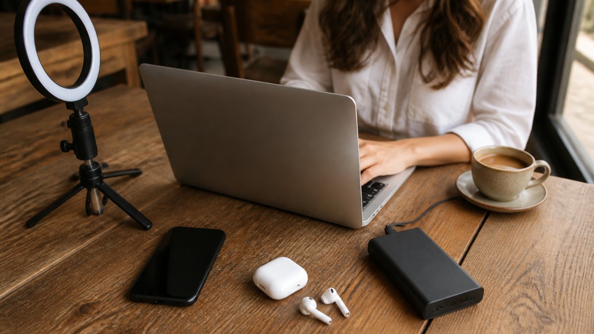 Digital nomad working at cafe table with laptop, phone, wireless earbuds, portable charger, and ring light arranged on wooden surface, natural window lighting
