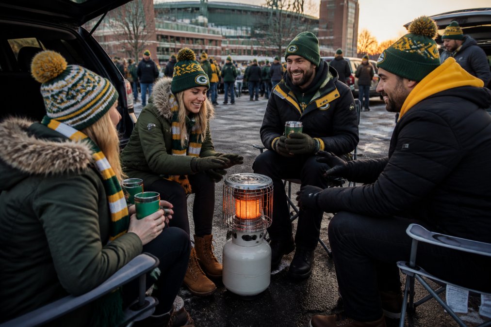 Fans in team gear gathered around a small portable propane heater at a tailgate, with stadium in background, cold weather, warm glow from heater