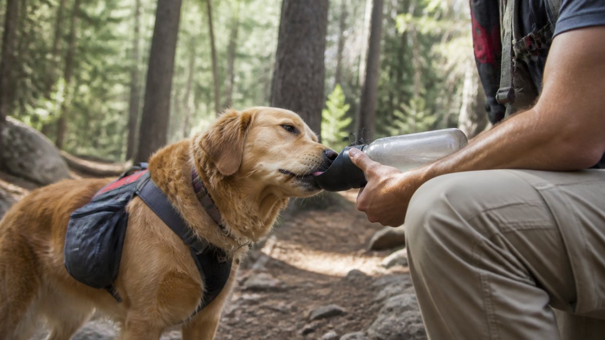 Active golden retriever drinking from a portable water bottle held by owner during a forest trail hike, with backpack and hiking gear visible in natural outdoor lighting