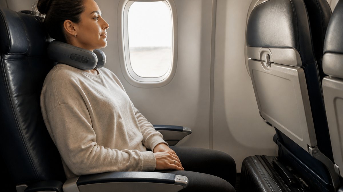A traveler seated in an airplane window seat wearing a compact cordless neck massager, tray table folded up, soft cabin light, carry-on bag at their feet