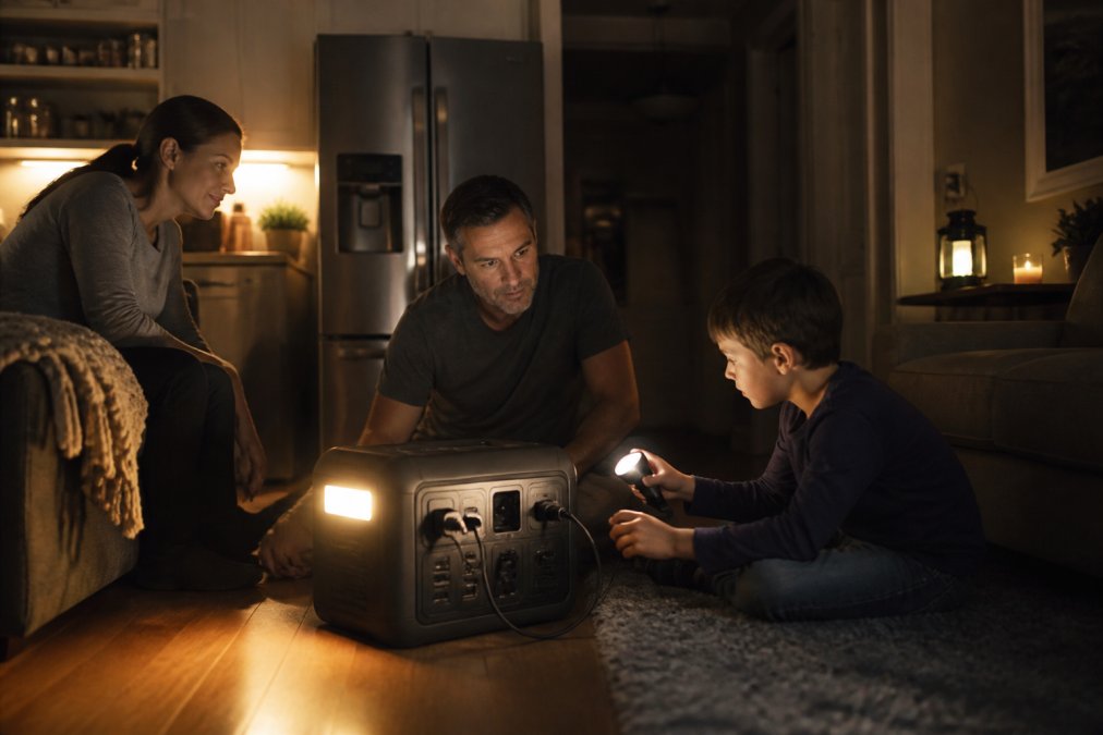 Family using a portable power for emergencies station to light their home and run a refrigerator during a blackout.