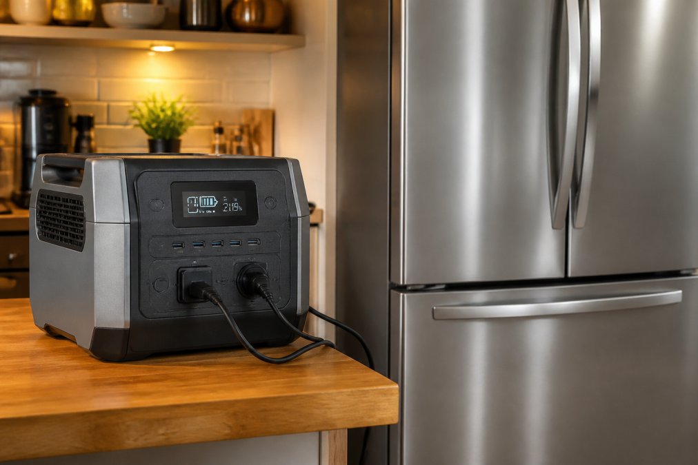 A portable power station with a lit display showing battery level and wattage output sitting on a kitchen counter next to a stainless steel refrigerator, warm kitchen lighting, cables connected