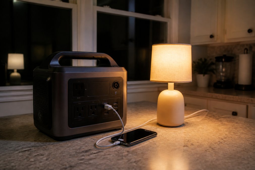 A large portable power station on a kitchen counter with AC outlets powering a lamp and phone charger, dark windows in the background suggesting a nighttime power outage, warm ambient lighting from the lamp