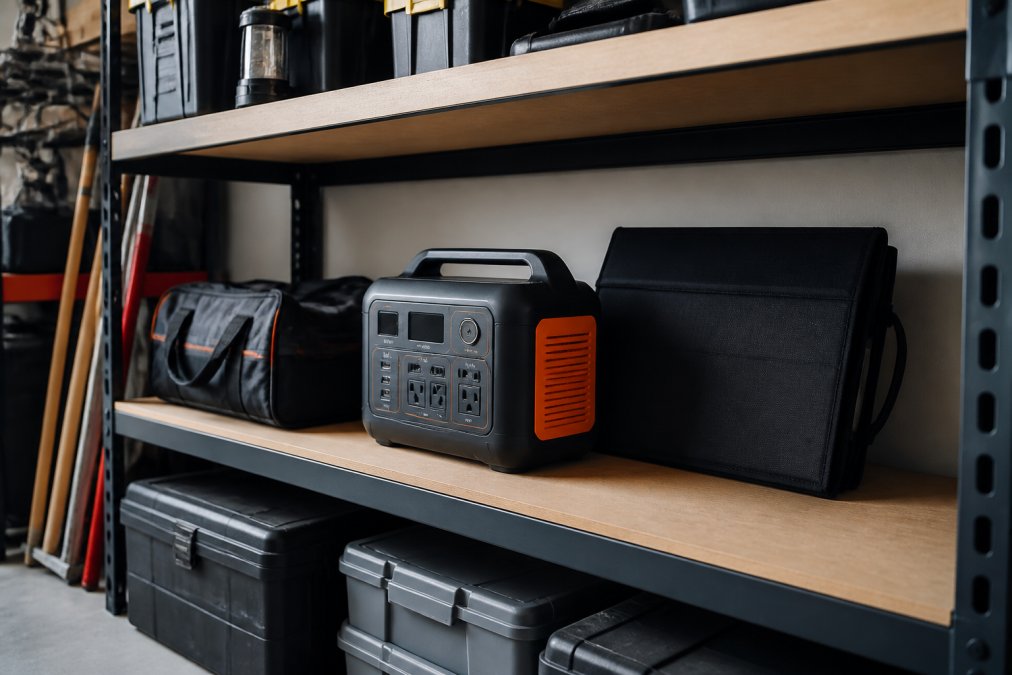 A portable power station stored neatly on a clean garage shelf next to a folded solar panel, in a well-organized storage space with moderate overhead lighting