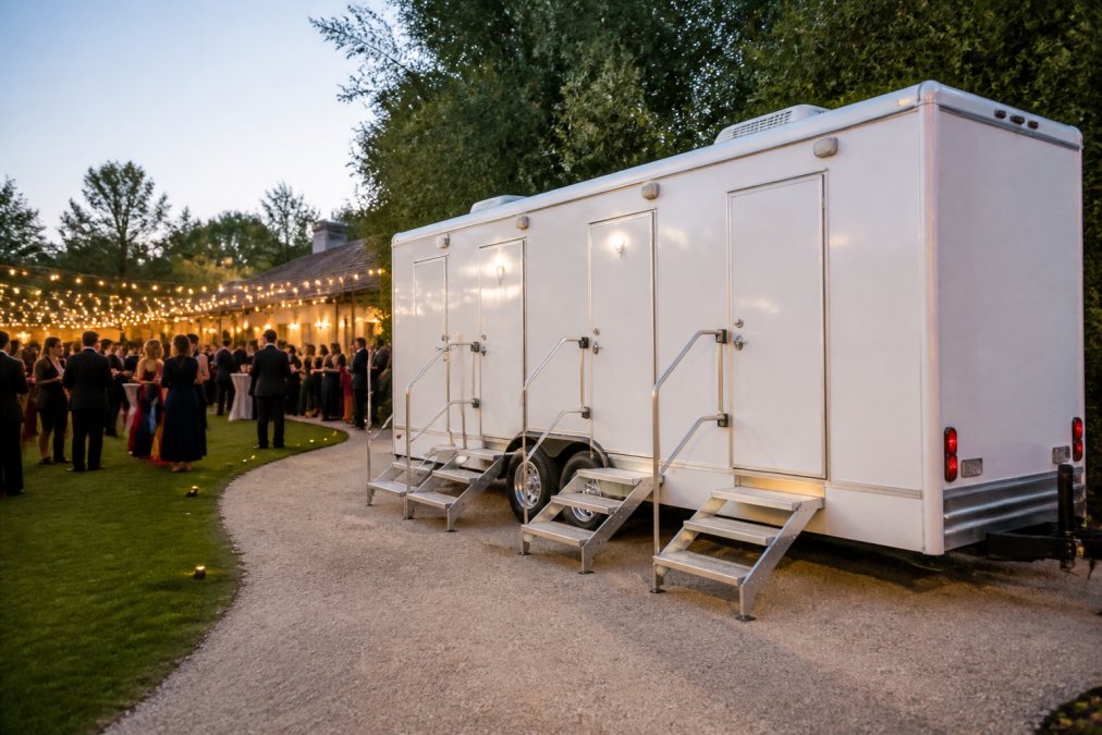 Exterior view of a white luxury restroom trailer parked beside a manicured lawn at an outdoor wedding venue, string lights strung overhead, guests in formal evening attire visible in soft evening light in the background