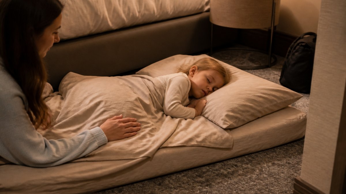 A toddler sleeping peacefully on a linen floor bed set up in a warmly lit hotel room, with a parent's hand gently resting on the bedding nearby