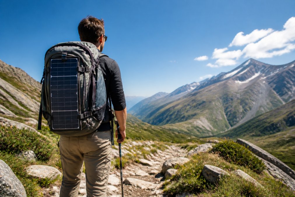 Hiker walking on a mountain trail with portable solar chargers attached to their backpack under bright sunlight