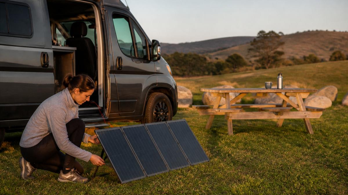 A campervan parked at a rural campsite with a folding portable solar panel propped on the grass beside it, a cable running through the side door, and a person adjusting the panel angle in soft evening light