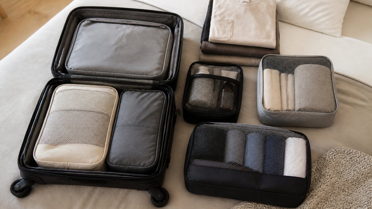 Open carry-on suitcase on a bed with neatly arranged packing cubes in different sizes, a toiletry bag, and folded clothing, shot from above in bright natural light