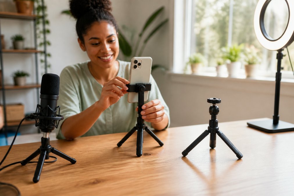 A content creator setting up a smartphone on a compact tripod on a desk in a bright home studio, with a ring light and microphone visible in the background